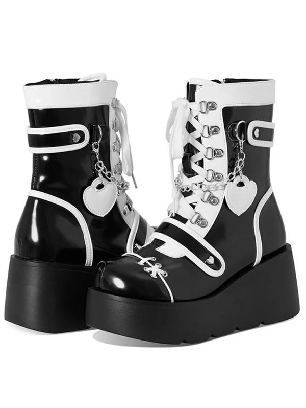 Punk Style Colorblock Heart Chain Embellishment Side Zipper Thick Platform Boots