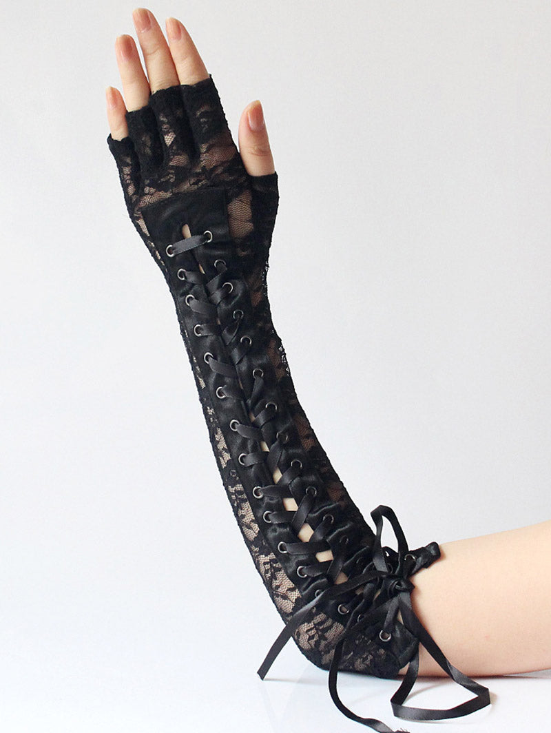 Gothic Forearm Gloves Lace Up Lace Panel Fingerless Gloves