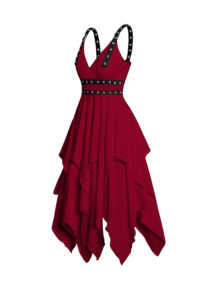 Red Layered Grommet Empire Waist Adjustable Strap Asymmetrical Midi Dress