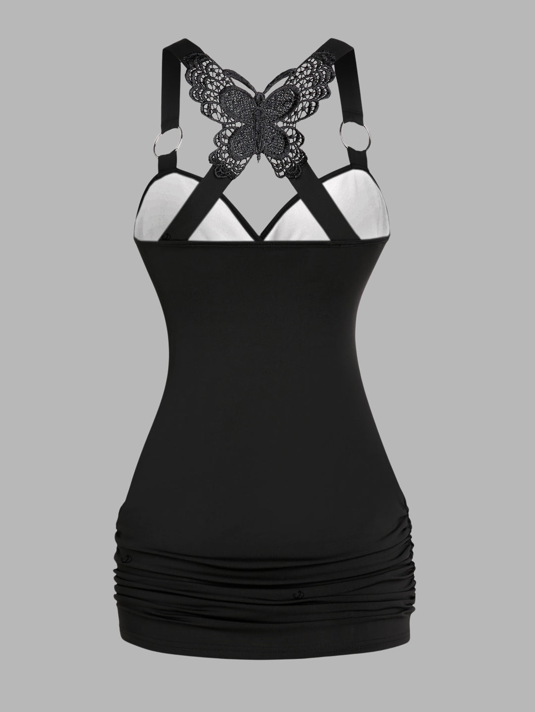 Gothic Butterfly Lace Ruched Surplice Tank Top - Rose& Skulls Pattern