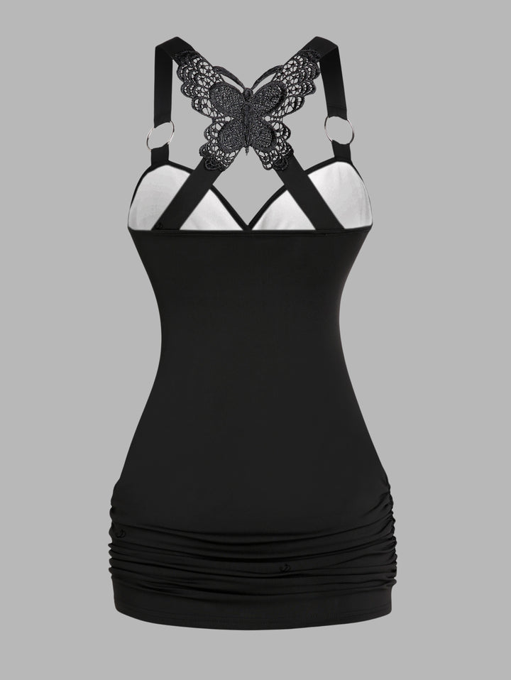 Gothic Butterfly Lace Ruched Surplice Tank Top - Rose& Skulls Pattern