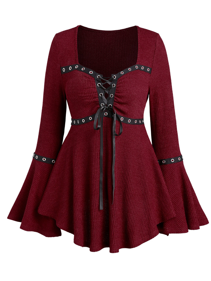 Gothic Lace Up Flare Sleeve Grommet Design Casual Top