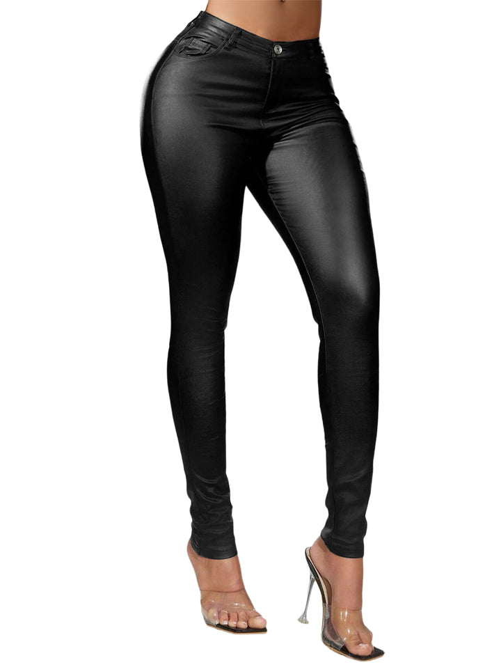 Gothic PU Skinny Solid Color Zipper Fly Pockets Long Pants