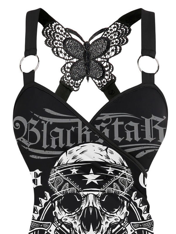 Gothic Butterfly Lace Ruched Surplice Tank Top - Skull Pirat Pattern