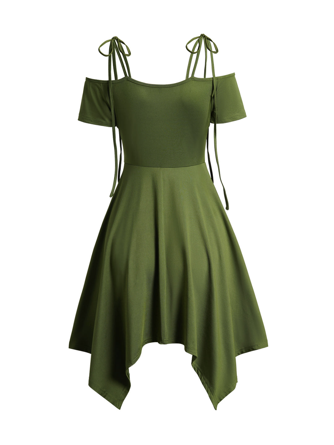 Lace Up High Waist Asymmetric Spaghetti Strap A Line Dress-Green