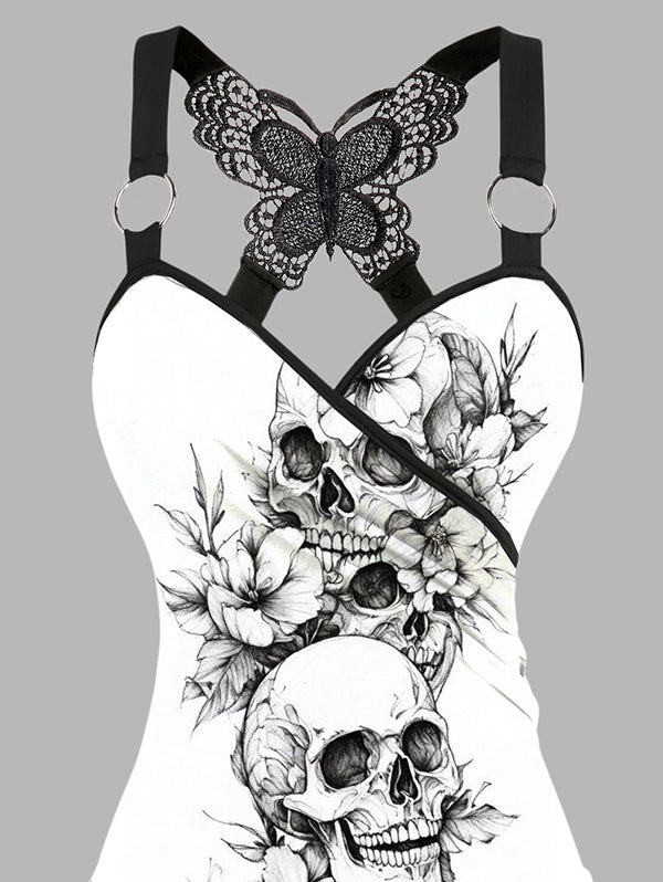 Gothic Butterfly Lace Ruched Surplice Tank Top - Skull & Flower Pattern
