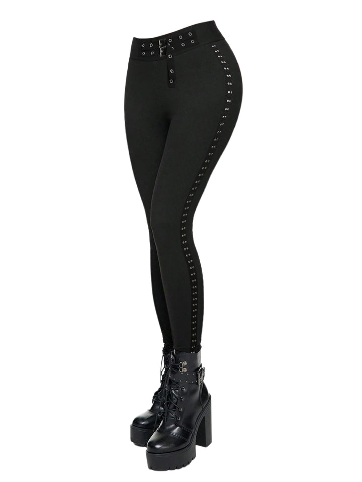 Buckle Grommet Waist Rivet Decor Pencil Pants