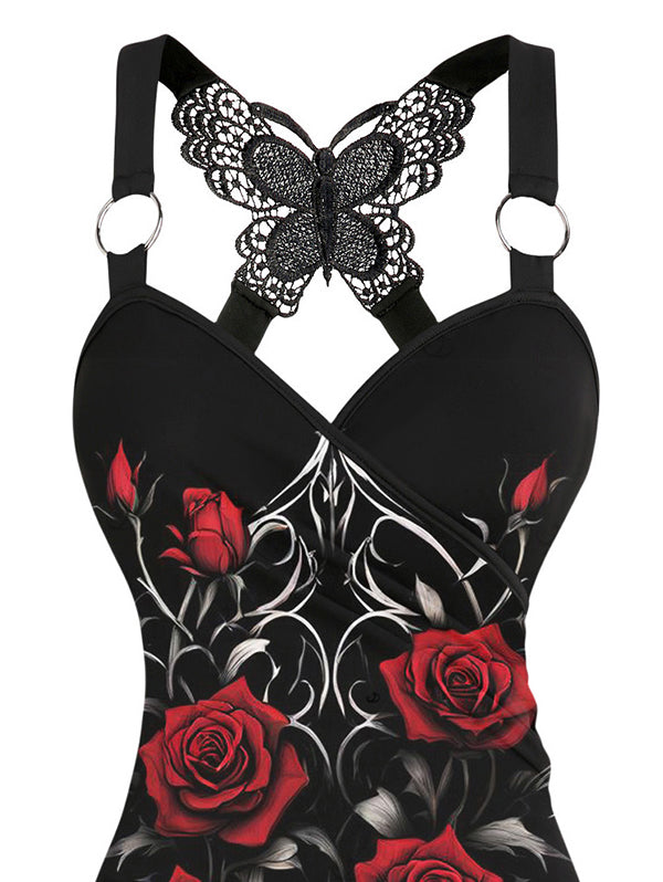 Gothic Butterfly Lace Ruched Surplice Tank Top - Red Rose Pattern