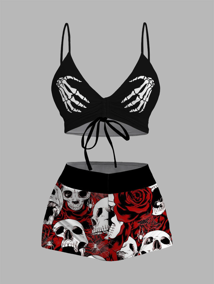 Gothic Punk Skeleton Hand & Rose Print Two Piece Bikini Set