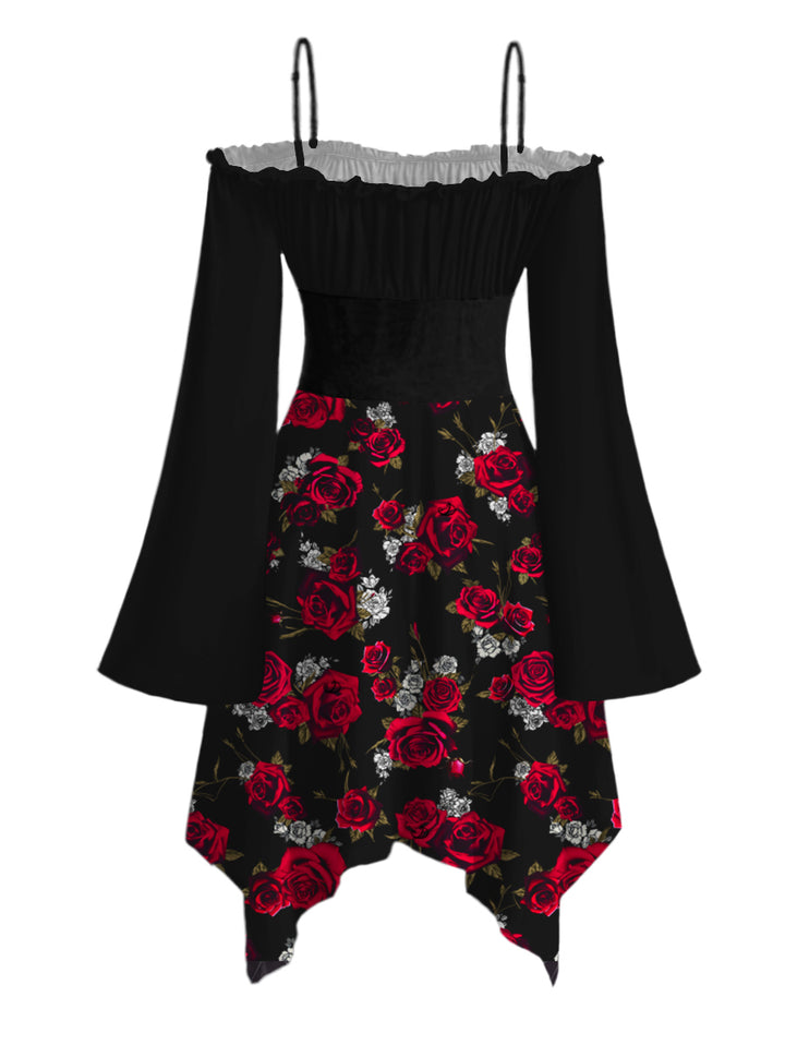 Gothic Rose Print Lace Up Ruffle Off the Shoulder Asymmetrical Hem Midi Dress