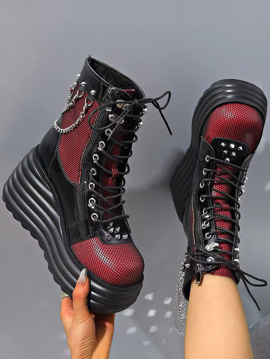 Gothic Lace Up Side Zipper Colorblock Rivet Chain Embellishment Martin Boots