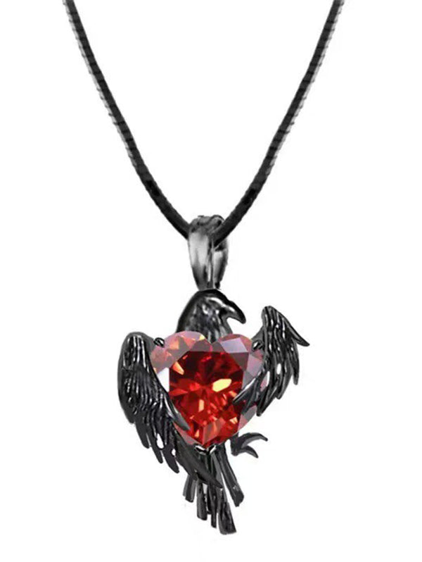 Gothic Raven Wings Artificial Heart Gem Necklace &Earrings Set