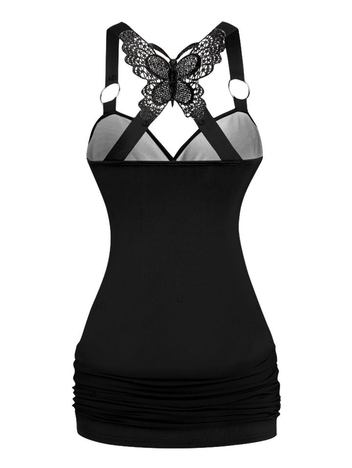 Gothic Butterfly Lace Ruched Surplice Tank Top - Rose& Skulls Pattern