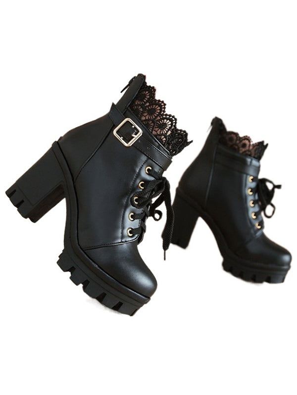 Lace Panel  Buckle Strap Chunky Heel Martin Boots