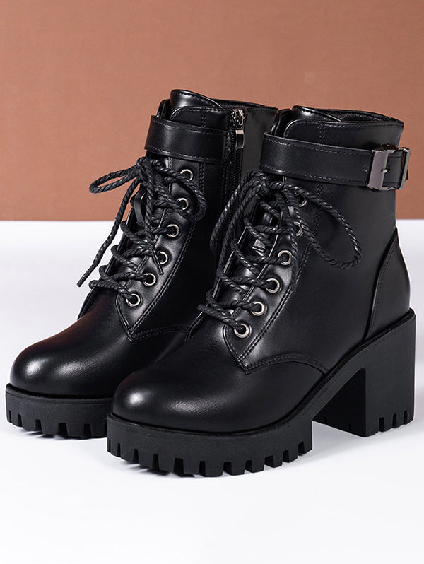 Lace Up Side Zipper Solid Color Boots Chunky Heel Buckle Strap Martin Boots