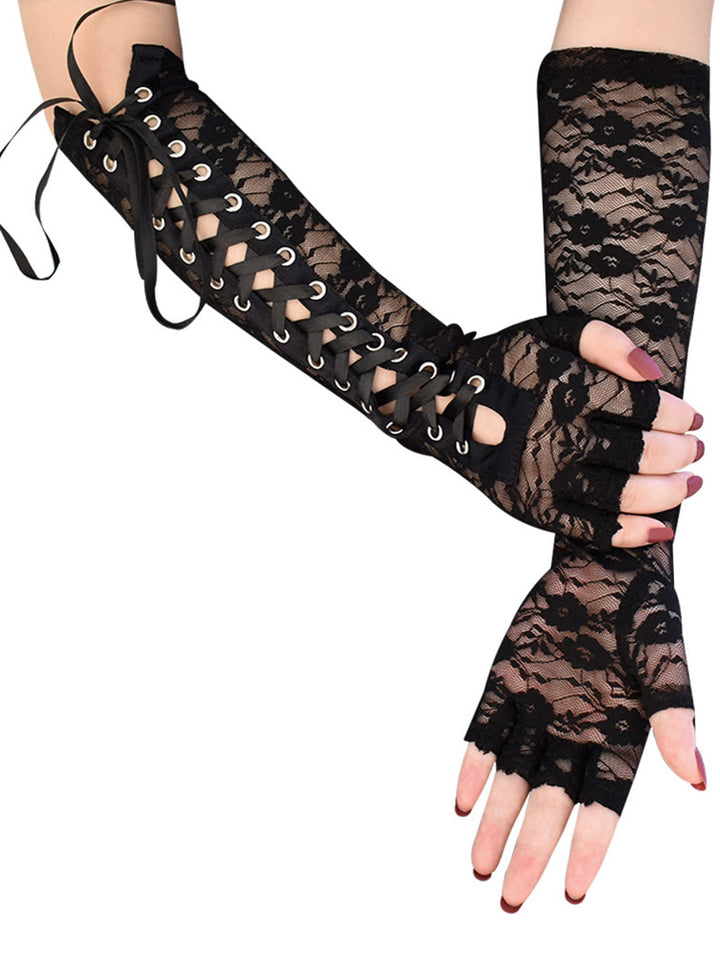 Gothic Lace Up Forearm Gloves Lace Panel Fingerless Gloves