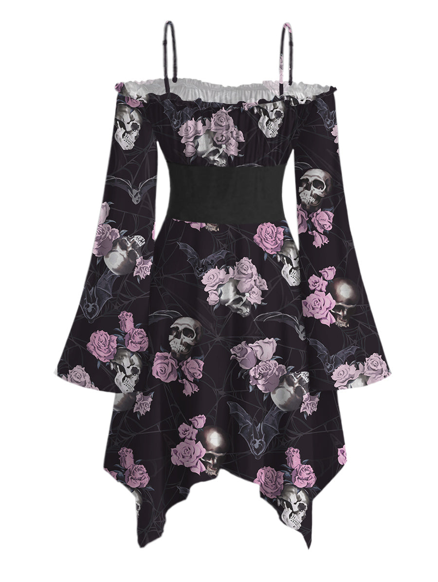 Gothic Pink Rose Skulls Lace Up Ruffle Off the Shoulder Asymmetrical Hem Midi Dress