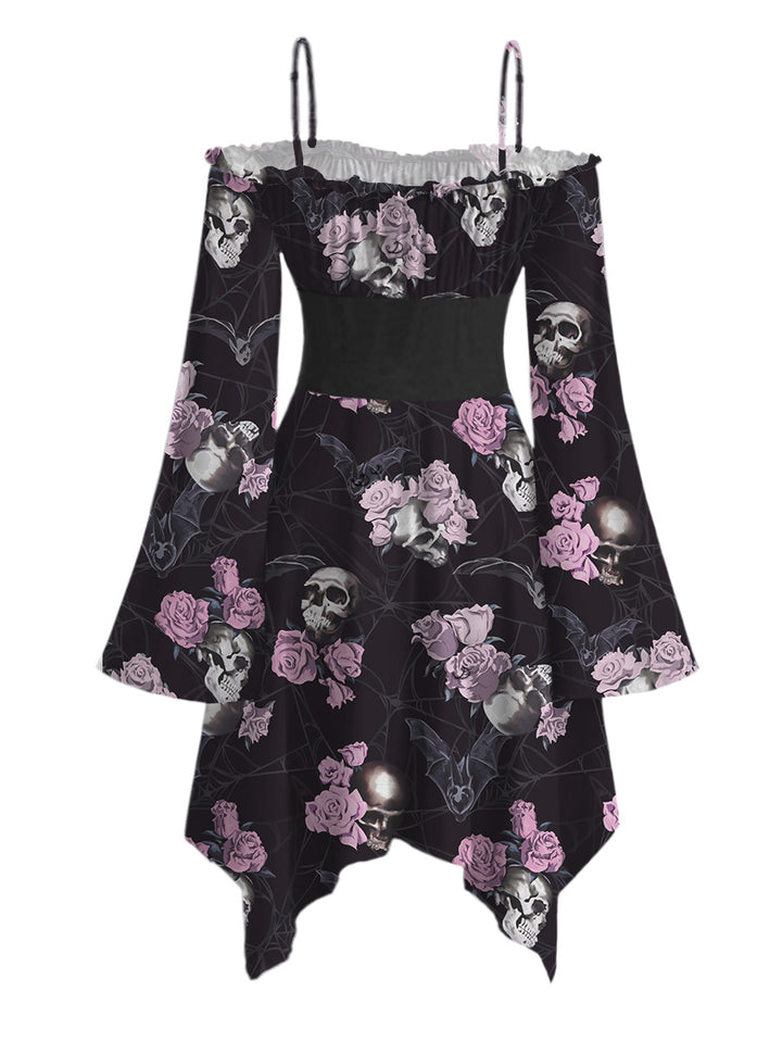 Gothic Pink Rose Skulls Lace Up Ruffle Off the Shoulder Asymmetrical Hem Midi Dress