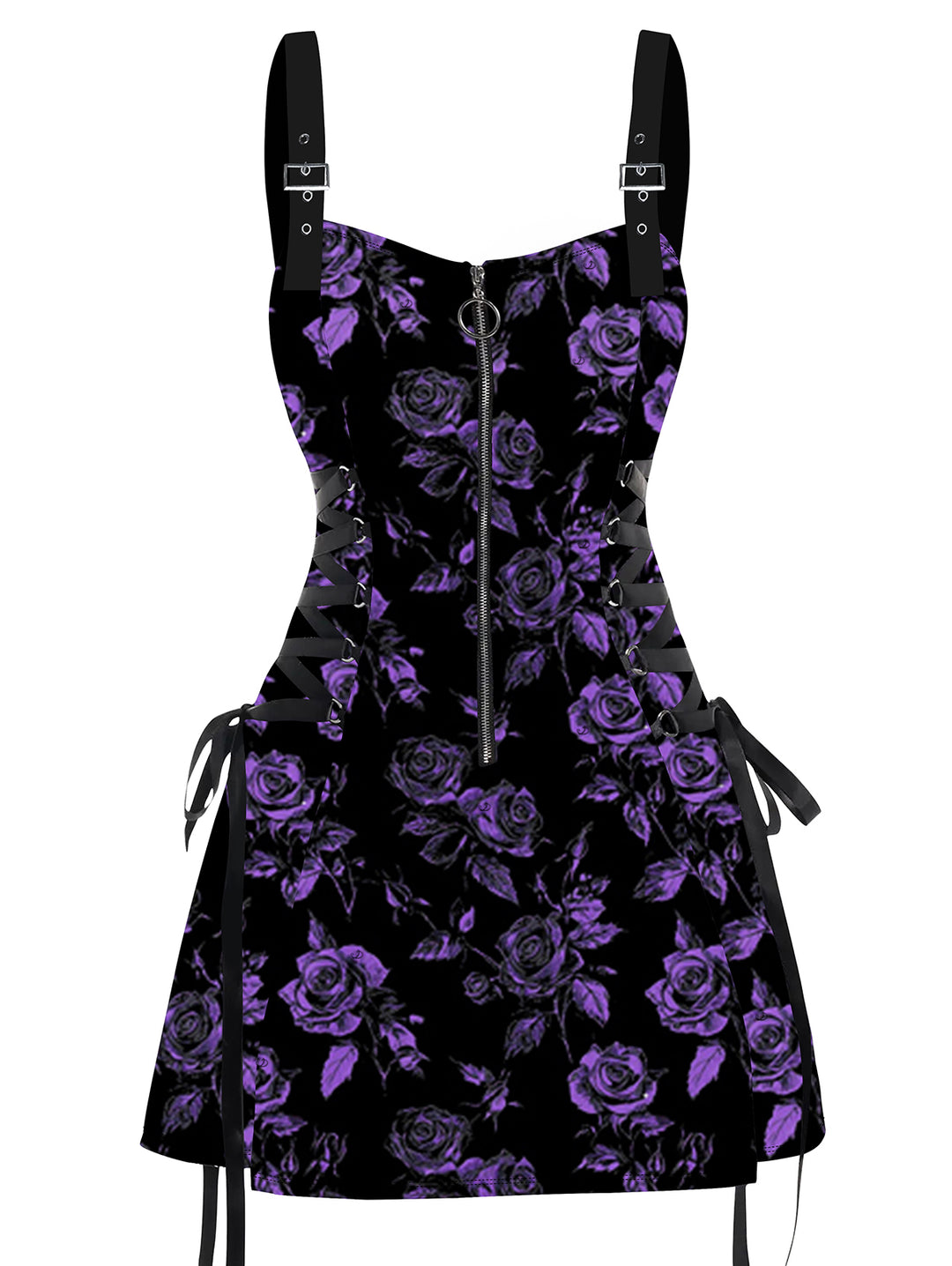 Allover Rose Leaf Pattern Lace Up Gothic A Line Mini Vacation Dress
