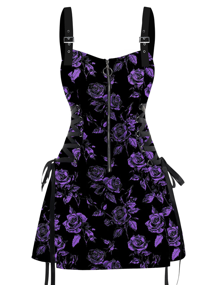 Allover Rose Leaf Pattern Lace Up Gothic A Line Mini Vacation Dress