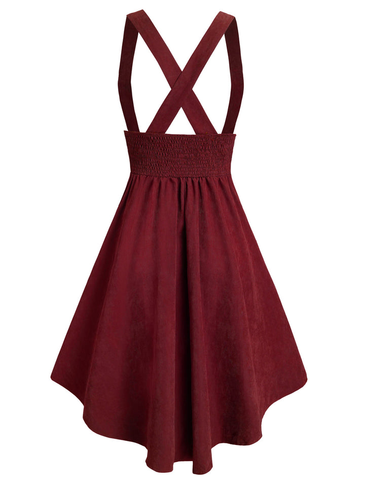 Mock Button Lace-up Suspender High Low Skirt