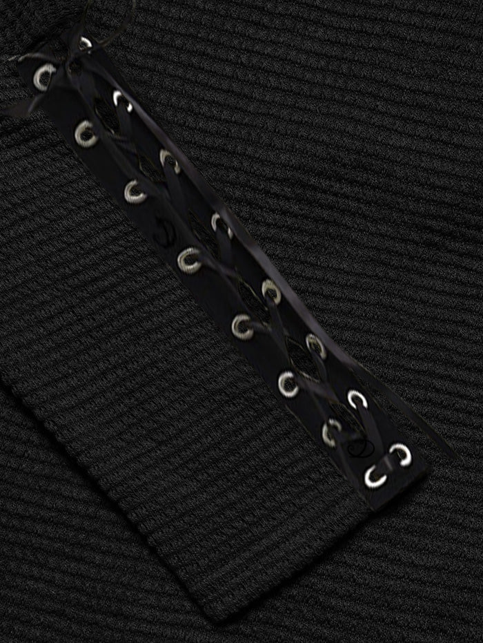 Gothic Solid Color Textured Skew Neck Long Sleeve Top-Black