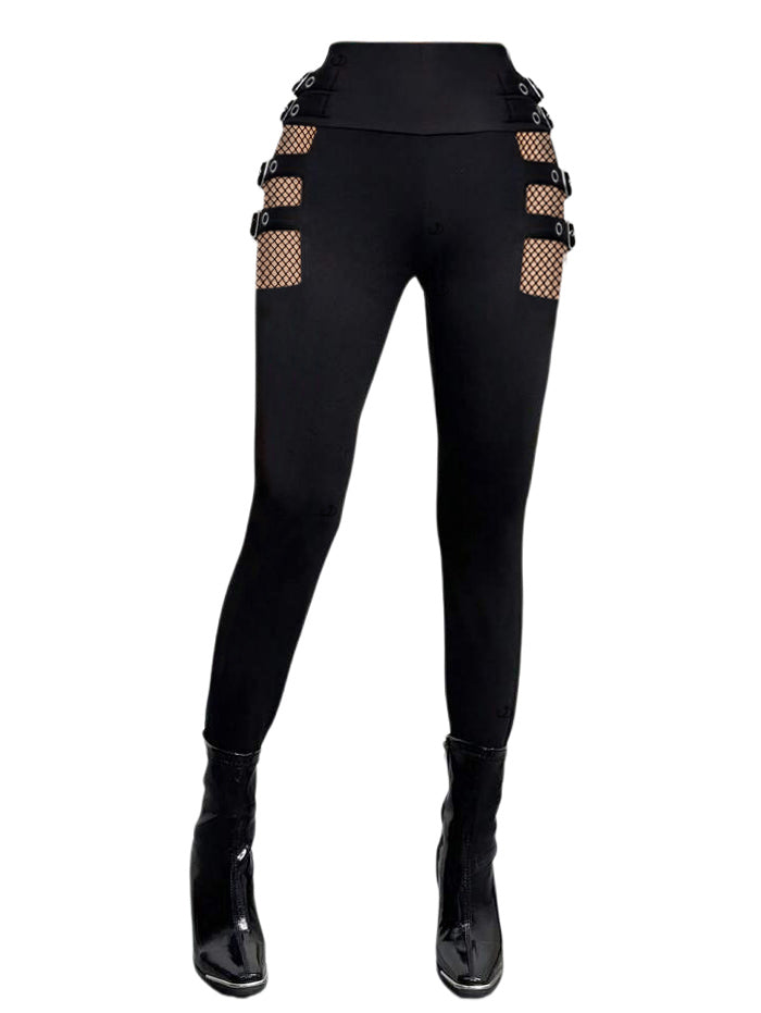 Solid Color Hollow Out Gothic Pants Square Buckle Strap High Waisted Skinny Long Pants