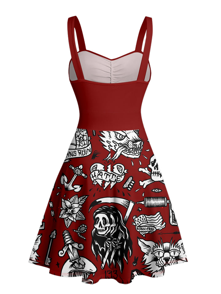 Skulls & Grim Reaper Print Ruched Bust Gothic Mini Dress