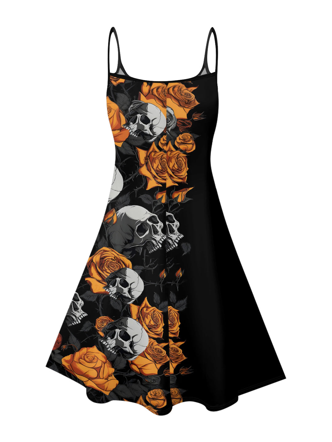 Gothic Skulls Orange Rose Pattern V Neck A Line Mini Dress