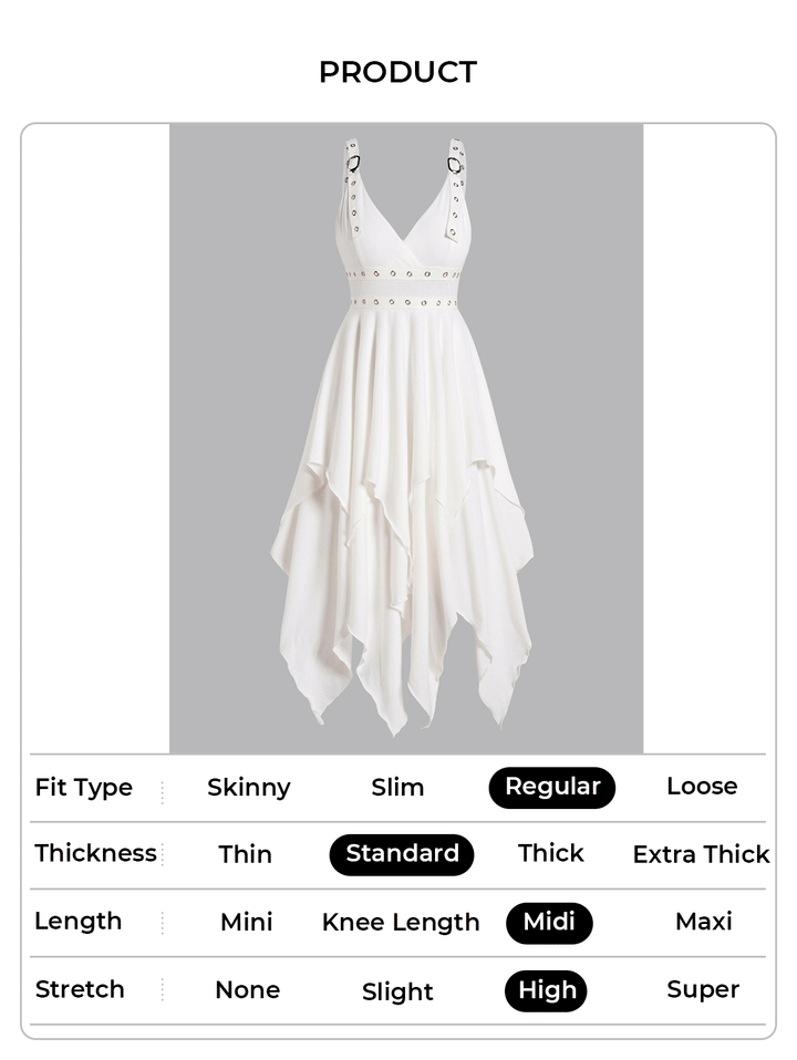 White Layered Grommet Empire Waist Adjustable Strap Asymmetrical Midi Dress