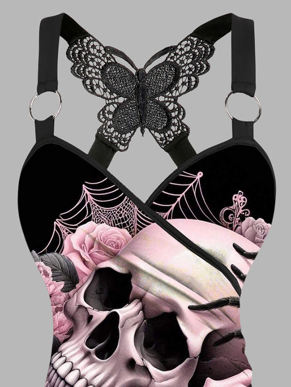 Gothic Butterfly Lace Ruched Surplice Tank Top - Rose& Skulls Pattern