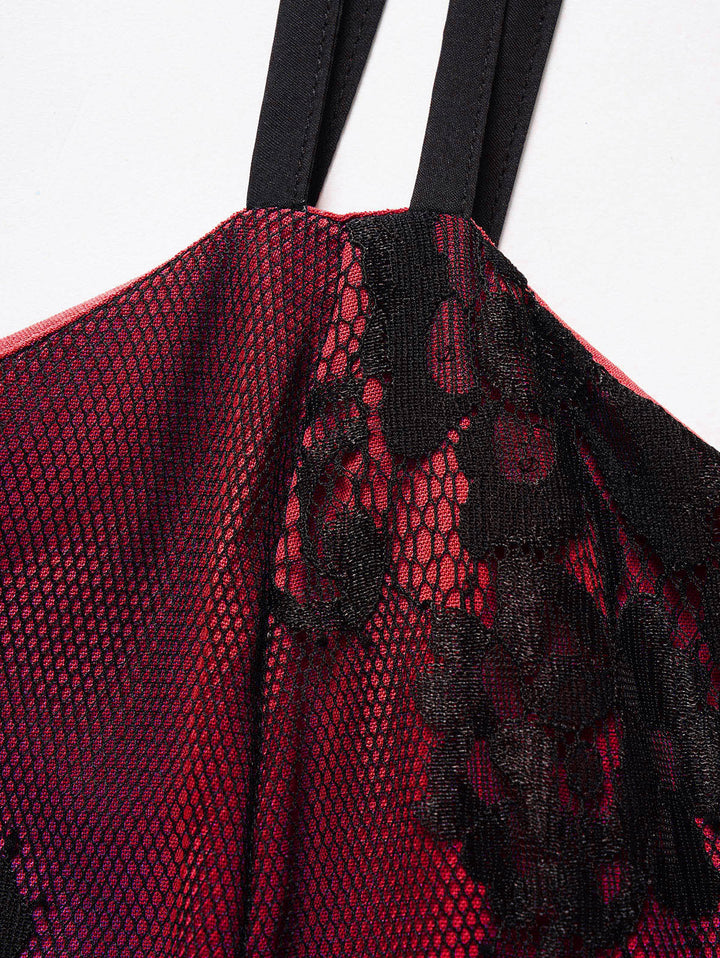 Allover Flower Print Lace Mesh with Corset Belt Double Spaghetti Strap Cami Dress-Red