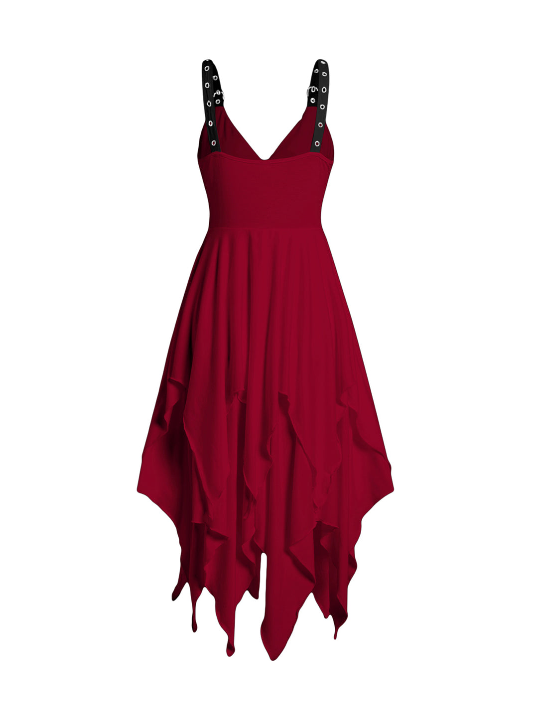 Red Layered Grommet Empire Waist Adjustable Strap Asymmetrical Midi Dress