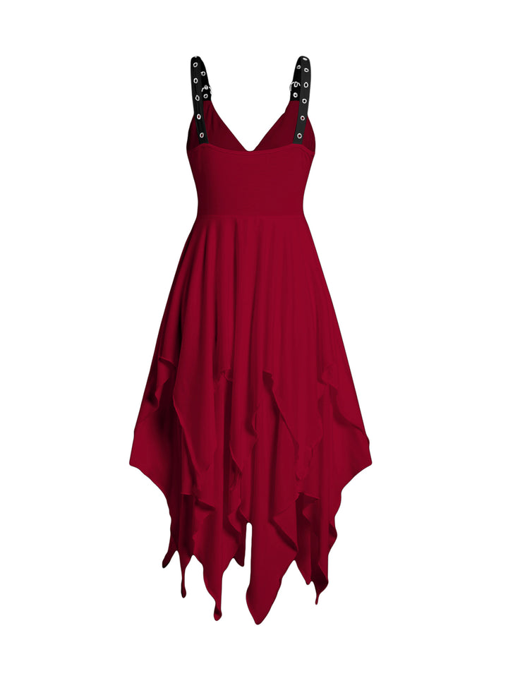 Red Layered Grommet Empire Waist Adjustable Strap Asymmetrical Midi Dress