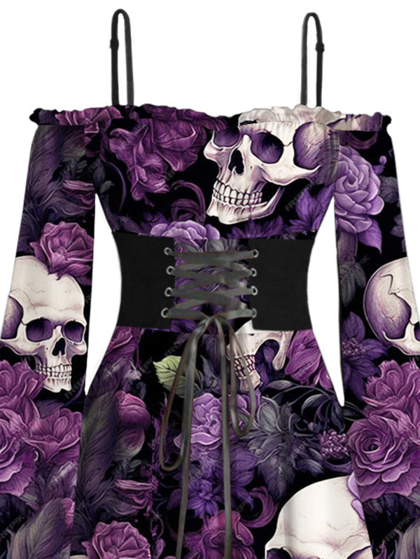 Gothic Purple Rose Skulls Lace Up Ruffle Off the Shoulder Asymmetrical Hem Midi Dress