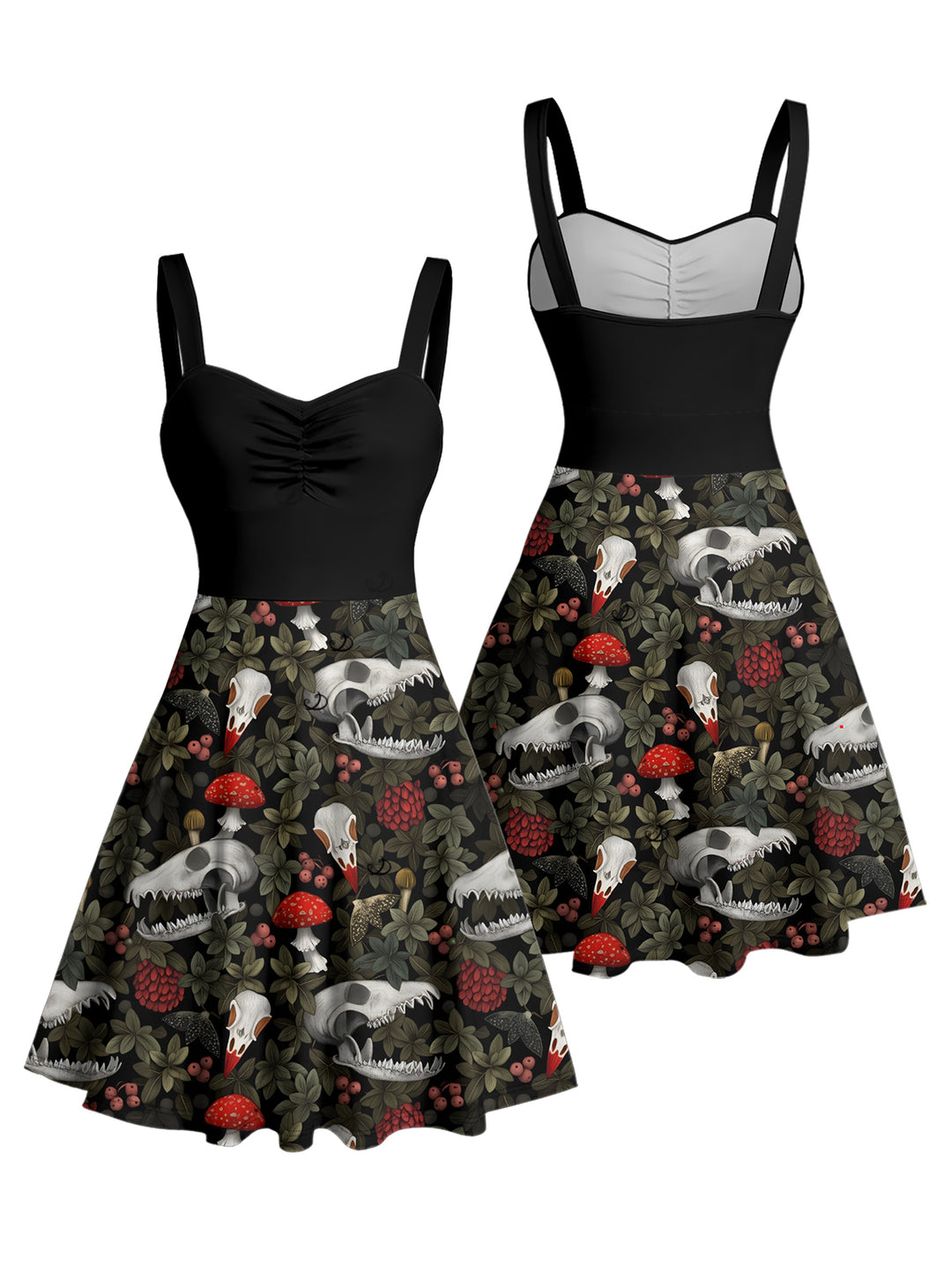 Skull Mushroom Print Ruched Bust Sweetheart Neck A Line Mini Dress