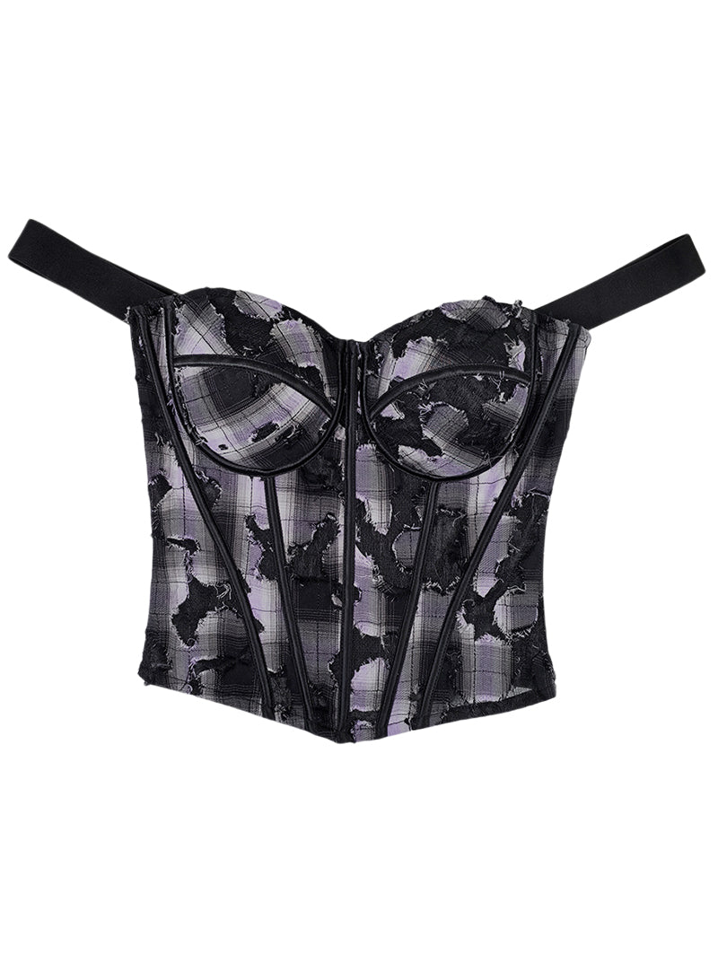 Black & Lavender Plaid Lace Patchwork Cami Corset Top - Retro Y2K Slim-Fit Bustier