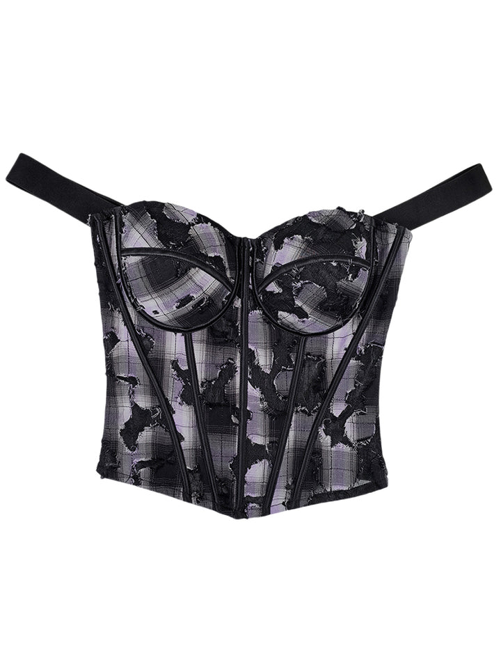 Black & Lavender Plaid Lace Patchwork Cami Corset Top - Retro Y2K Slim-Fit Bustier
