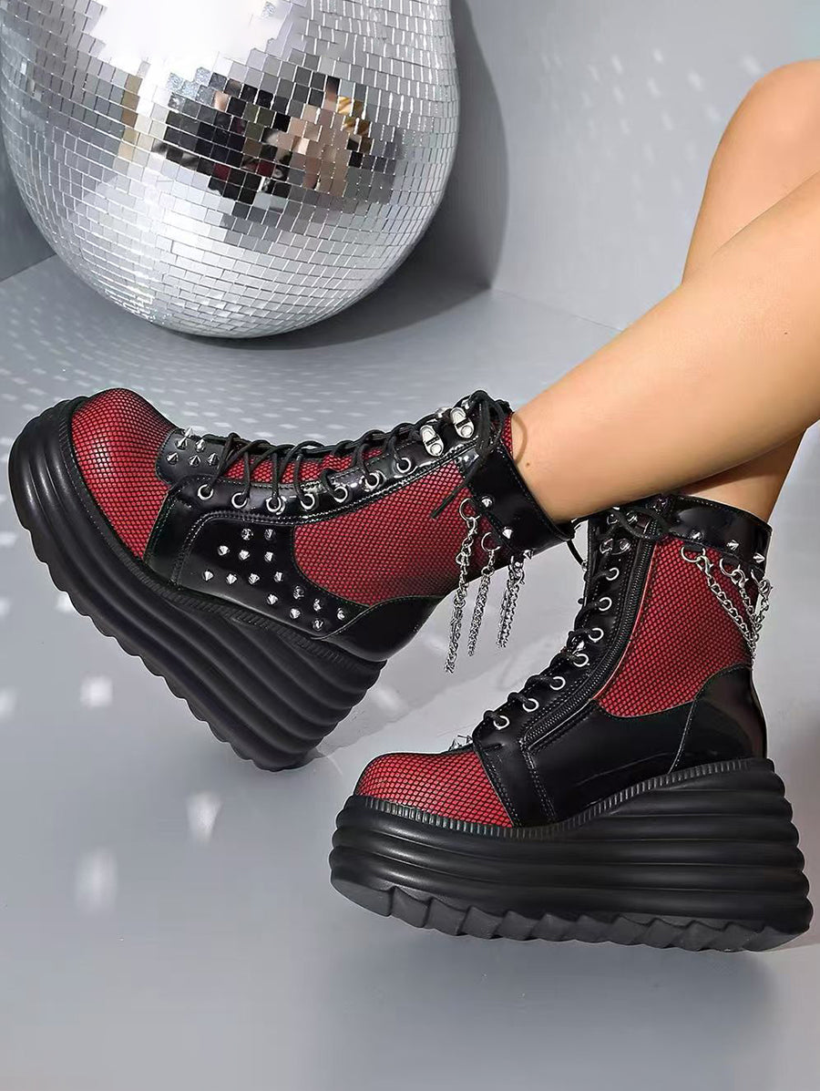 Gothic Lace Up Side Zipper Colorblock Rivet Chain Embellishment Martin Boots