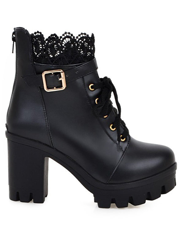 Lace Panel  Buckle Strap Chunky Heel Martin Boots