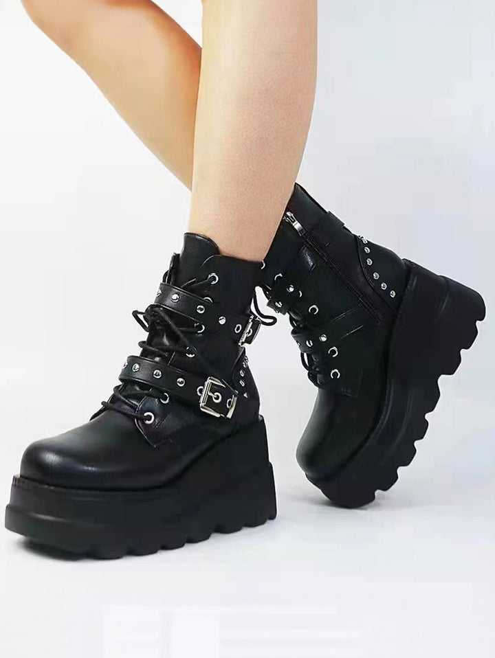 Gothic Chain Detail Chunky Sole Fashionable Double Buckle Straps Zipper Boots
