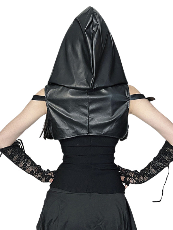 Punk Style Sexy Studded PU Grommet Sleeveless Hooded Top
