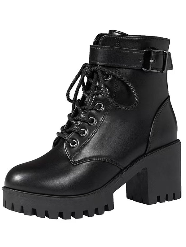 Lace Up Side Zipper Solid Color Boots Chunky Heel Buckle Strap Martin Boots
