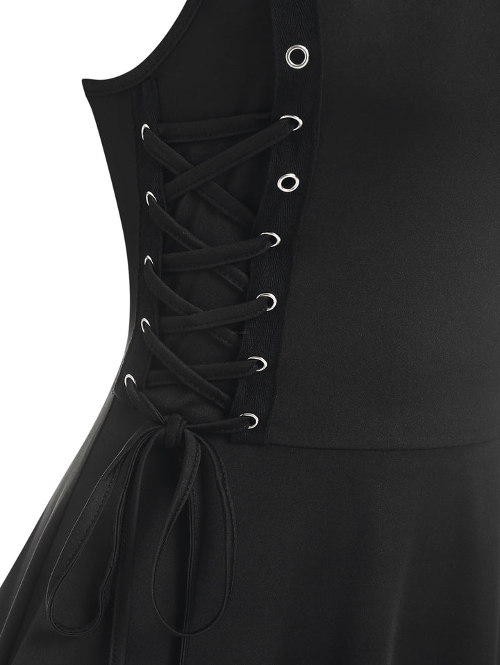 Gothic Lace Up Grommet High Low Bowknot Cutout Midi Dress