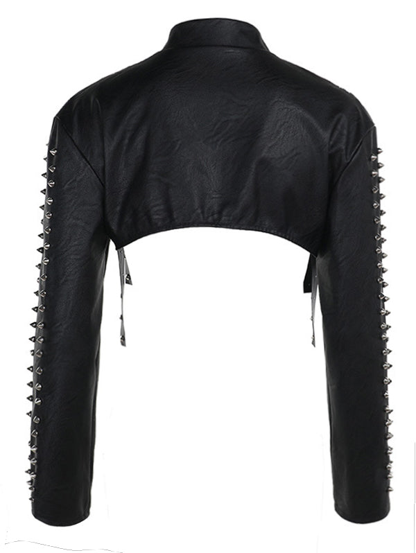 Punk Style Sexy Studded PU Long Sleeve Grommet Cover Top