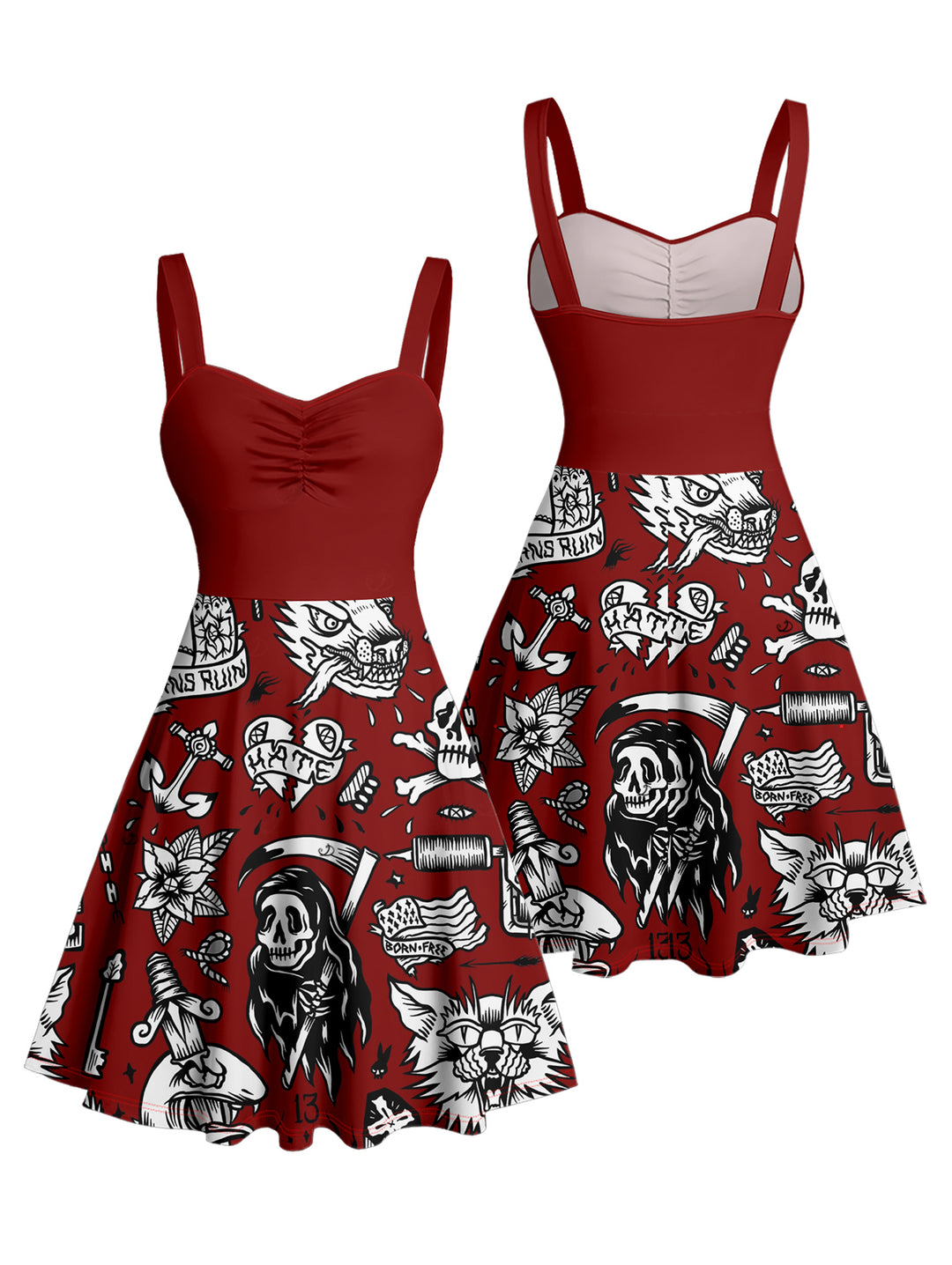 Skulls & Grim Reaper Print Ruched Bust Gothic Mini Dress