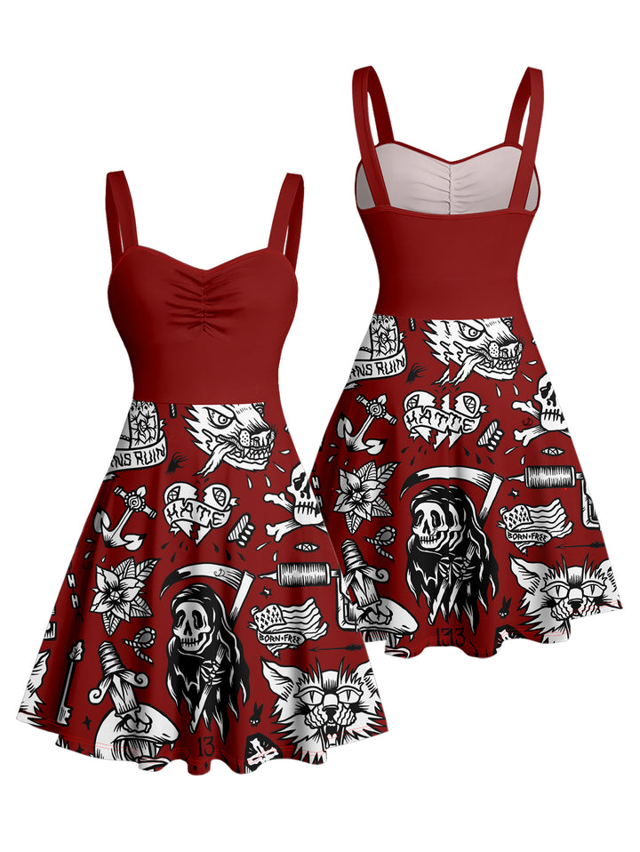 Skulls & Grim Reaper Print Ruched Bust Gothic Mini Dress