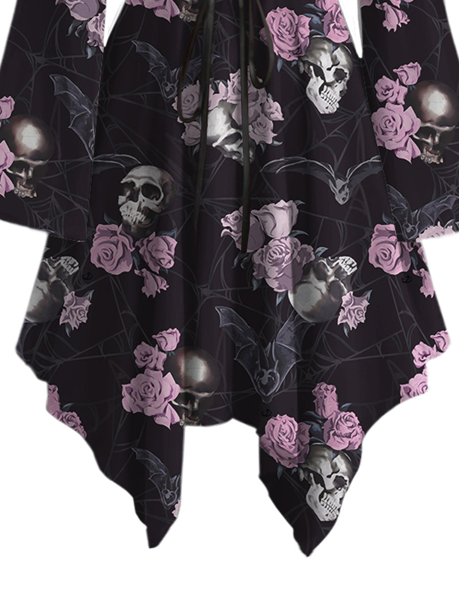 Gothic Pink Rose Skulls Lace Up Ruffle Off the Shoulder Asymmetrical Hem Midi Dress