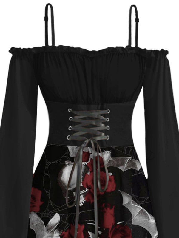 Gothic Red Rose &Skull Print Lace Up Ruffle Off the Shoulder Asymmetrical Hem Midi Dress
