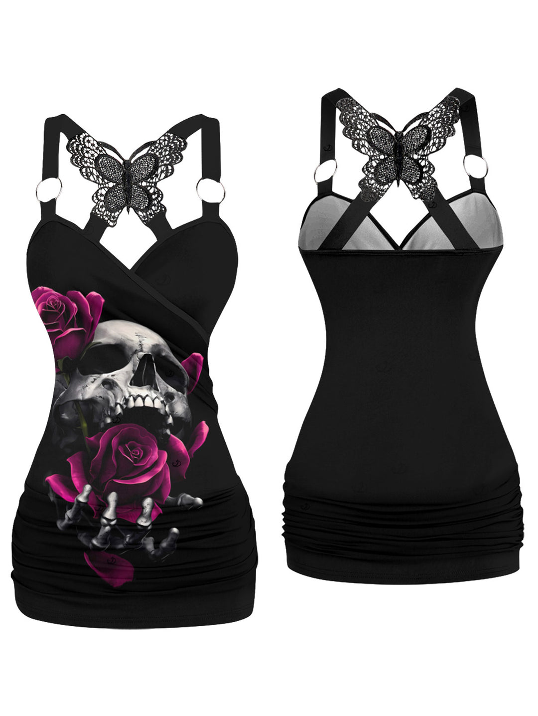 Gothic Butterfly Lace Ruched Surplice Tank Top - Rose& Skulls Pattern